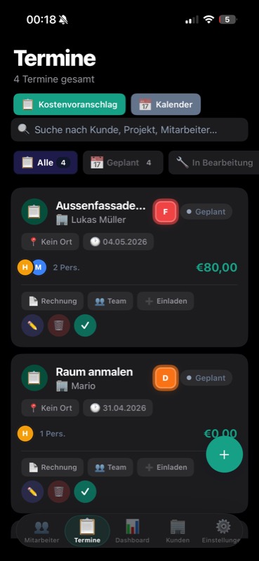 EarnTrack Termine Übersicht